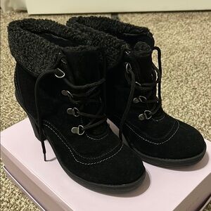 Xappeal Black Heeled Ankle Boots with Fur Trim